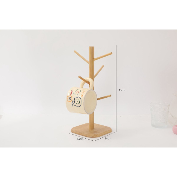 Coffee Mug Holder Bamboo - 6 Hooks - Space Saving - Stable - For Kitchen Counter or Coffee Bar