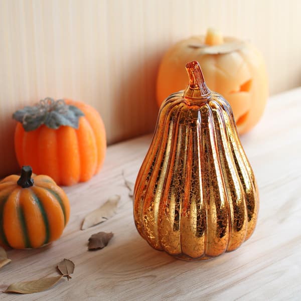 Halloween Glass Pumpkin Lantern with Timer for Autumn Decoration, 14 x 22 cm