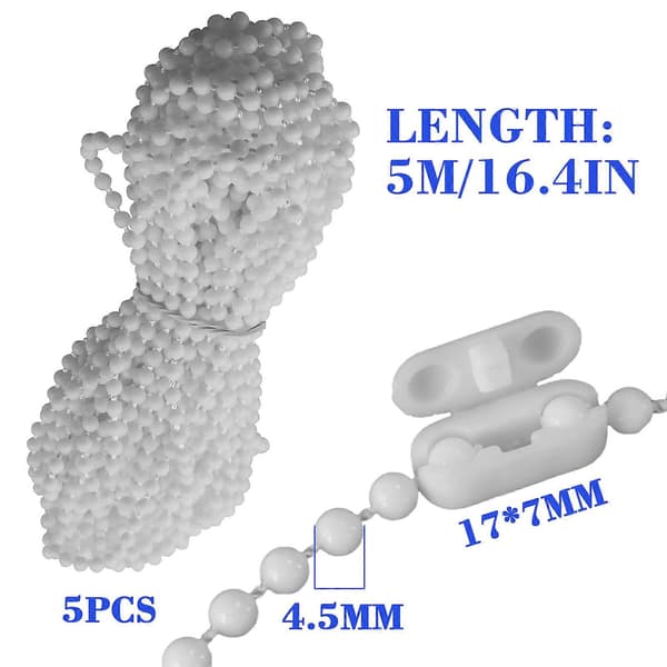 5-piece ball chain set for vertical blinds, includes clips for easy replacement of roller and Roman blinds