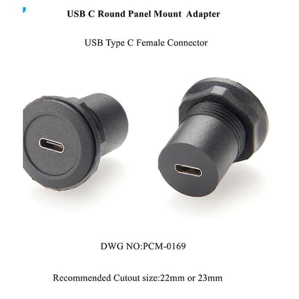 22 mm USB-stik USB C-fatning til USB C-fatning Rund panelmonteringsadapter