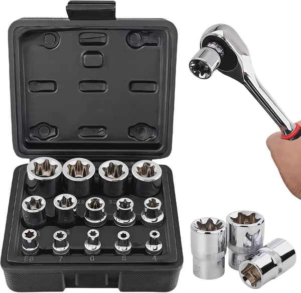 14-dele Torx E-topnøglesæt, 1/2\", 1/4\", 3/8\", udvendig, E4-E24 Torx E-toppe i CR-V, skrueudtrækker osv.