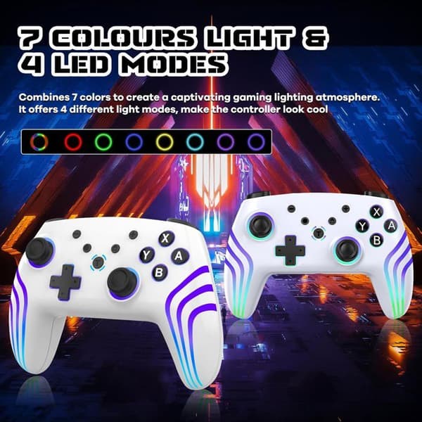 Trådlös Pro-kontroller för Switch/Switch 2/Lite/OLED/PC – Har 7-färgs RGB-belysning och dubbel vibration, vit