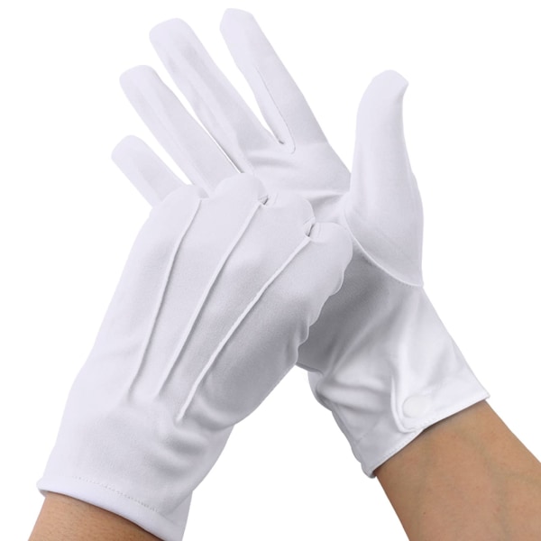 Vita handskar, 5 par vitsydda nylon Uniformshandskar med tryckknappar för polis, formell smoking, smyckeinspektion