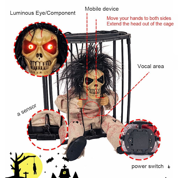 Liikkeen aktivoimat Halloween-koristeet, Luuranko huutaa animoitu Halloween-riipus-haamu, Pelottava kallo-häkki-vanki pelottava