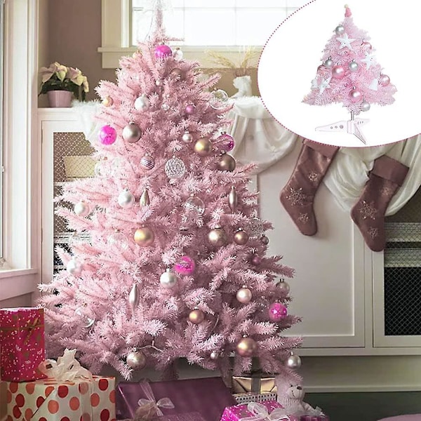 Pink Kunstigt Juletræ Med Kugler Og Ledlys, Mini Juletræ Til Julepynt, Hjem, Spisebord (45cm) (pink)