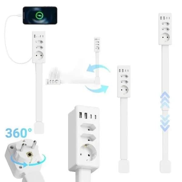 1500W Power Strip with 3 Outlets, 2 USB-A and 2 USB-C, 47-67cm Retractable Cable, Supports 20W Fast Charging - LAN