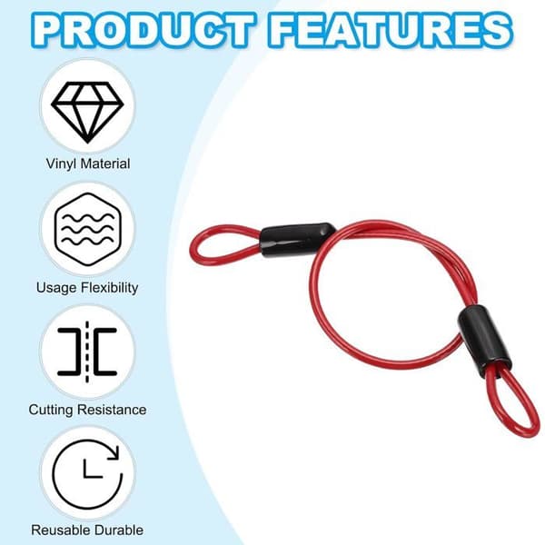 Security Cable - 2 pcs - Stainless Steel and Vinyl - Double Loop - For Suitcase and Bicycle - Red 50 cm