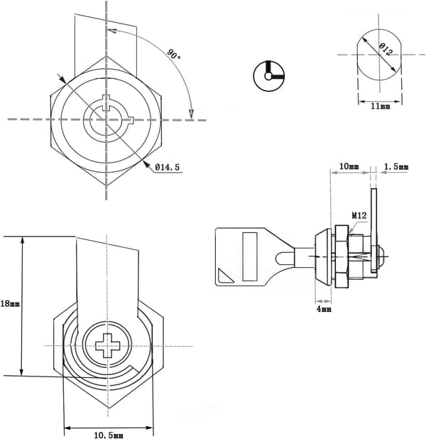 Rörformigt kamcylinderlås, kromfinish Silver Dia. 12mm/0.47"