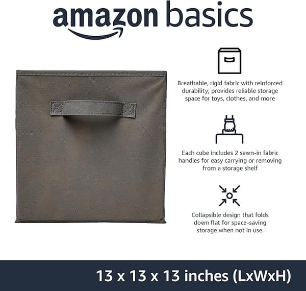 Amazon Basics Sammenleggbare oppbevaringskuber i stoff med håndtak, robuste, grå, 33 x 33 x 33 cm, 3-pakning