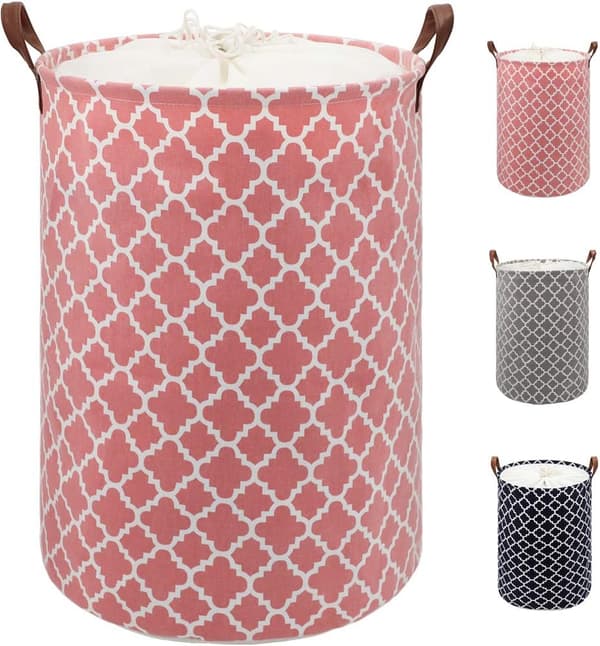 72L Thickened Extra Large Laundry Hamper with Durable Leather Handle Waterproof Inside, Drawstring Round Cotton Linen Foldable Storage Basket (Pink)