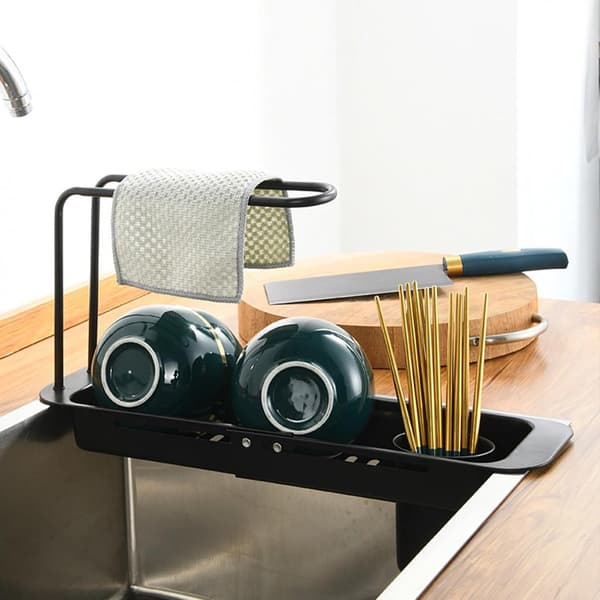 Extendable Stainless Steel Sink Rack 31.5-44.5 cm - Over-the-Sink Dish Drying Rack with Sponge Holder - Black