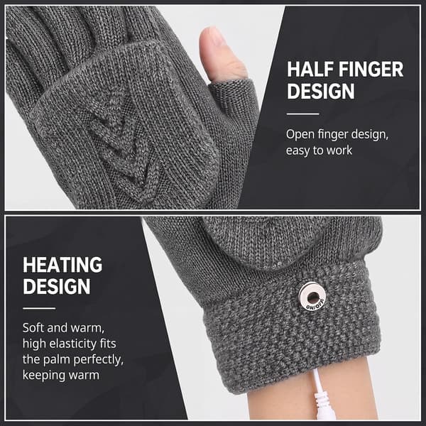 2 par vinter USB-opvarmede handsker, fingerløse håndvarmere, elektrisk opvarmning med knapvanter, sort, lysegrå Black,light Gray