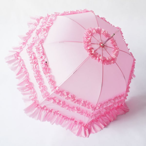 Sött Prinsess Spets Paraply Med Långt Handtag Halvautomatiskt Soligt Regn Bröllop Paraply Pink