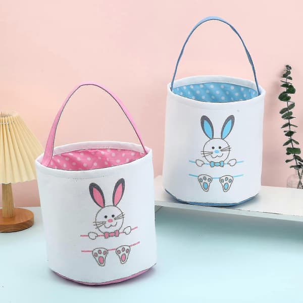 2-pack Easter Bunny Basket Bags for Kids, Personalized Canvas Cotton Egg Hunt Bags with Cute Bunny Print for Easter Eggs