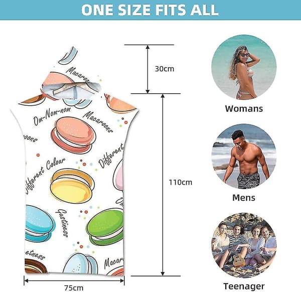 1 st Surfponcho Handduk, Snabbtorkande Mikrofibertyg, Strandbytesponcho med Huva, Vuxenbytesrock, Stor, Macaron