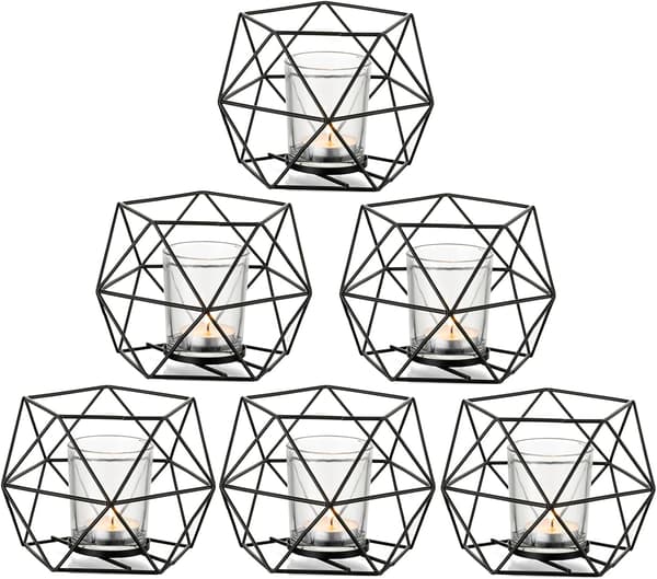 Svart telysholder - sett med 6 geometriske lysestaker