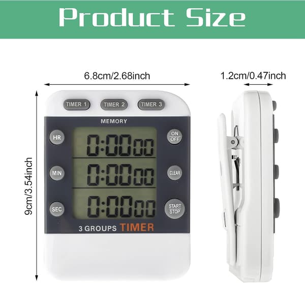 A set of two digital kitchen timers with 3 channels and countdown function, suitable for cooking, baking, grilling, and classroom use.