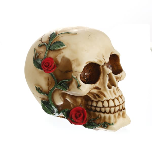 Human Skull with Rose Resin Statue Small Size Head Sculpture