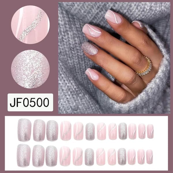 French False Nails - 24 Pcs Almond Square Press-on with Glue - Silver Pink White Lines