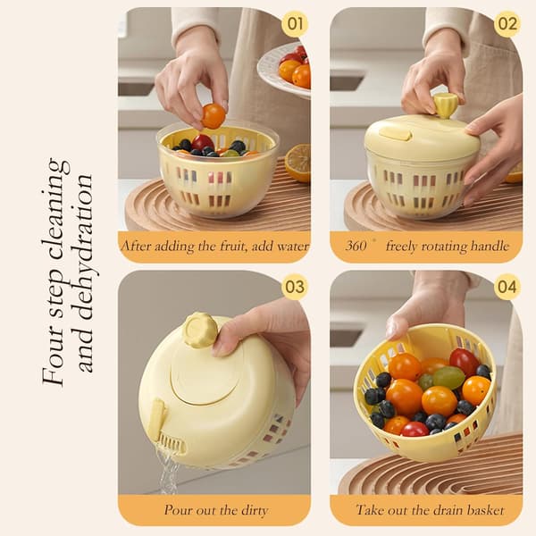 Black & Pink Fruit Washing Container with Lid & 360° Rotating Handle - Berry Strainer, Colander & Refrigerator Storage Bowl for Kitchen