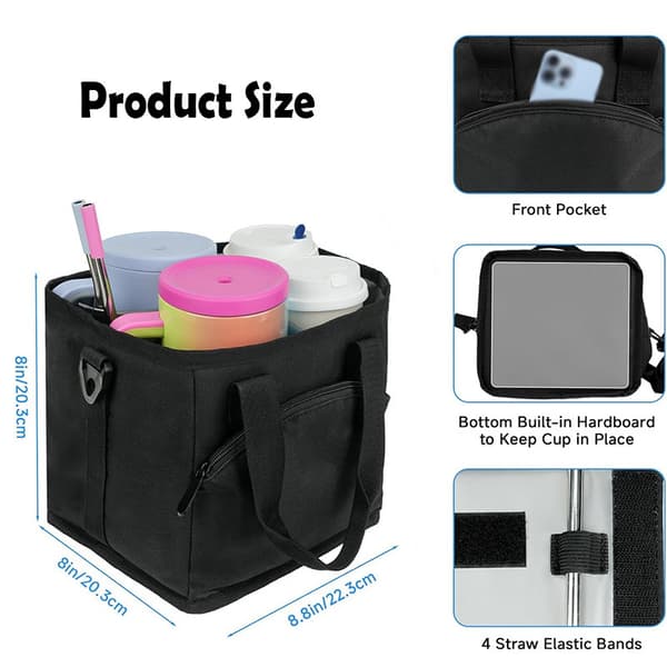 Reusable Drink Carrier with Handle - Insulated, Foldable 4-Cup Beverage Bag with Spill-Proof Base, Adjustable Dividers, and Shoulder Strap, Portable Caddy