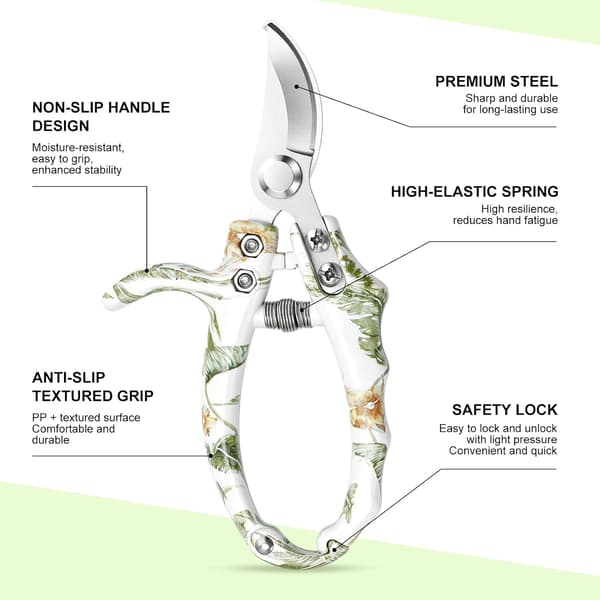 Garden Pruners 2-pack, Bypass Pruner and Straight Garden Shears, Easy Lock, Floral Pattern, Professional Garden Scissors