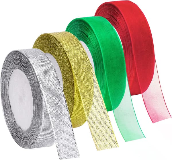 4 ruller 4/5 tommer bred julemetallisk glitterorganza