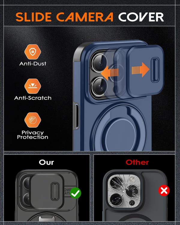 Magnetisk militærgradert deksel til iPhone 17 2.0 - Støtsikkert med kamerabeskyttelse og 360° støtteben (Oransje) iP 17 iP 17