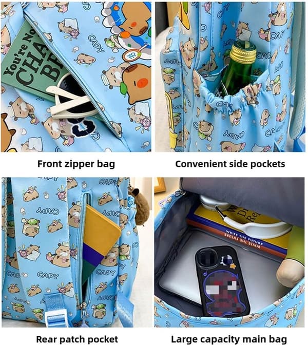Cute Capybara Backpack Brown Large Capacity Water-Resistant Cartoon School Bag
