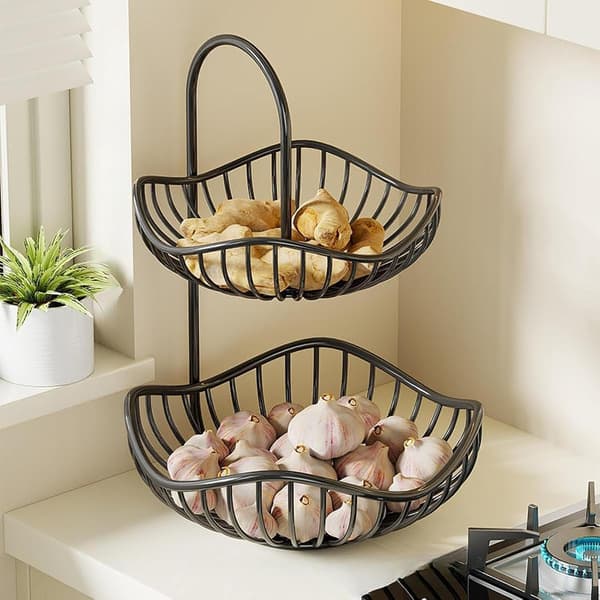 Two-Tier Fruit Basket, Modern and Efficient Kitchen Organizer, Black Countertop Storage Bin, Sturdy Iron Fruit Bowl, 30cm x 40cm