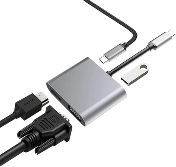 USB C til Type C, 4-i-1 USB-hub, dobbel skjermvisning, USB C til 4K HDMI/HDTV, VGA-adapter, USB 3.0-lading