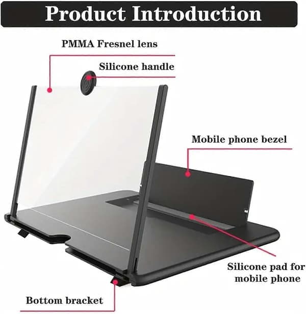 Phone Screen Magnifier, 12 Inch Thin Foldable HD Mobile Smartphone Projector Amplifier, Magnifying Screen, Portable Foldable Stand Black