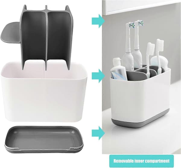 Toothbrush Holder, 3 Compartment Toothbrush Organizer with Drain Hole Multifunctional Storage Box (Grey-L)