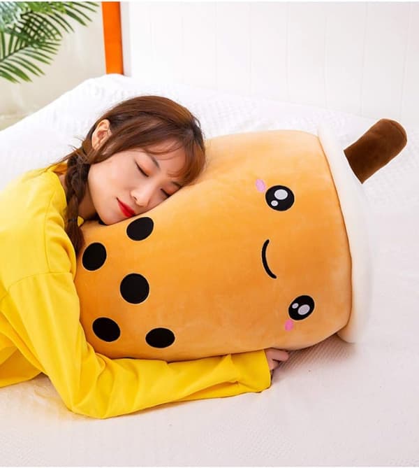 Fluffy Plush Pillow (Brown Smiling, M 13.8\"), Creative Bubble Milk