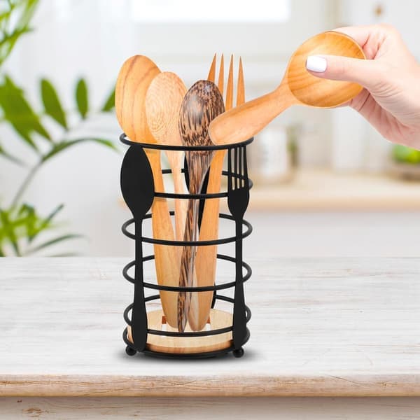 Kitchen Utensil Holder, Cutlery Holder Kitchen Utensil Holder, Kitchen Storage Container Kitchen Accessory, Black, Iron and Wood, 15.5*11cm
