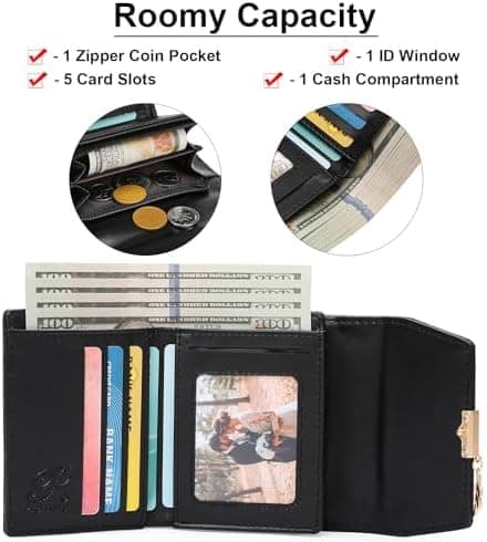 Women's Leather RFID Blocking Card Holder Compact Wallet Zipper Coin Pocket with ID Window
