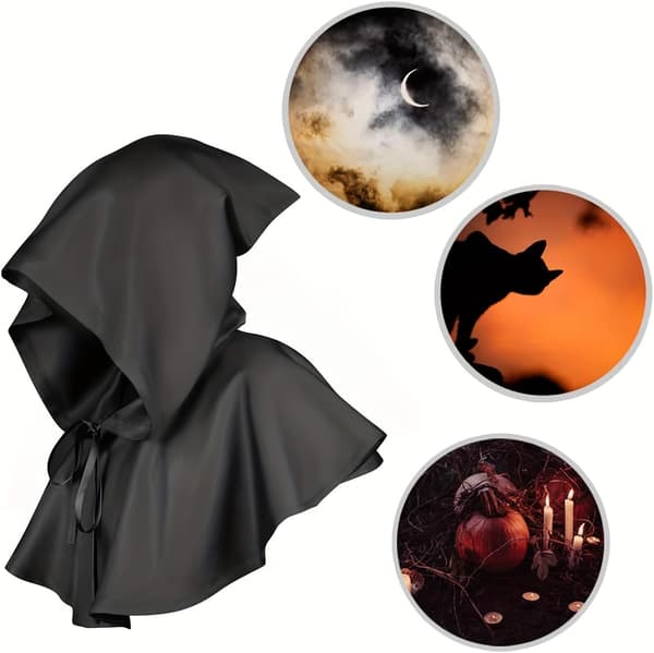 Tianhaik Halloween Grim Cowl Cape Cosplay Kostumer Hætte Poncho til Mænd Kvinder Sort