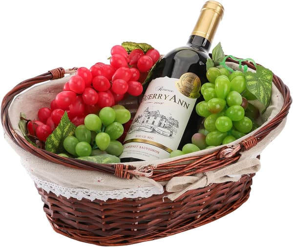 Wicker Woven Picnic Basket with Handle, Empty Gift Basket, Easter Basket with Liner, Wood Chip Storage Organizer