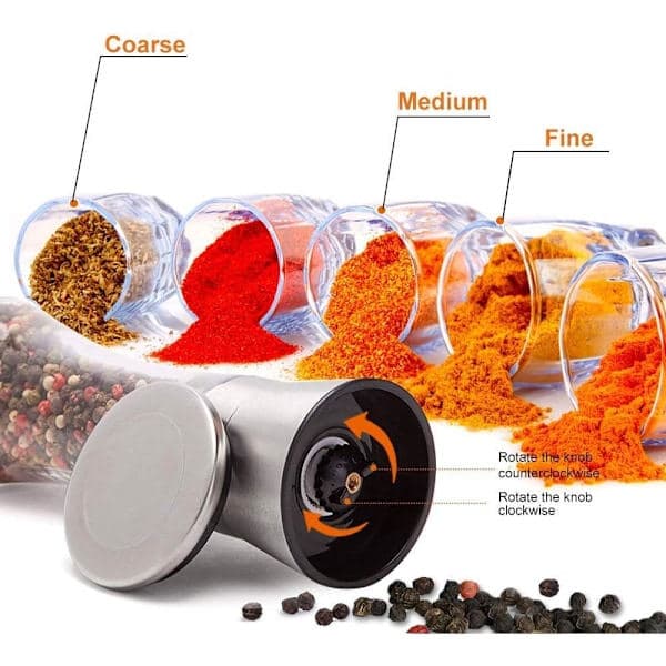 Salt- og pepperkvern, stor størrelse, sort pepper, krydderstrøer, kvern, påfyllbar, manuell, rustfritt stål, lokk, justerbar grovhet