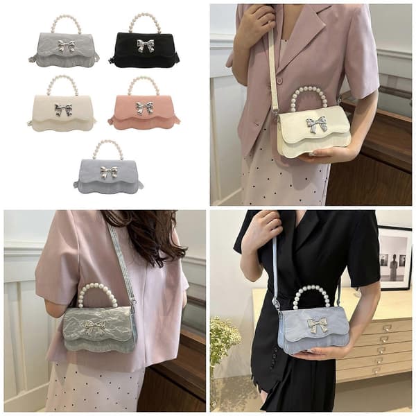 Women's PU Leather Shoulder Bag with Bow and Adjustable Strap, Elegant Pearl Handle, Crossbody Handbag Gray Gray