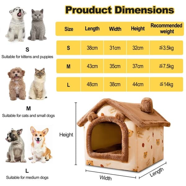 Cat and Dog Cave. Warm Plush Igloo. Foldable and Comfortable House. Non-slip Bottom (S. Brown Bear)