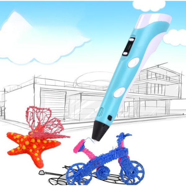 Blå Smart 3D-penna med LED-skärm, med USB laddning, 30 färger Pla Filament Refills