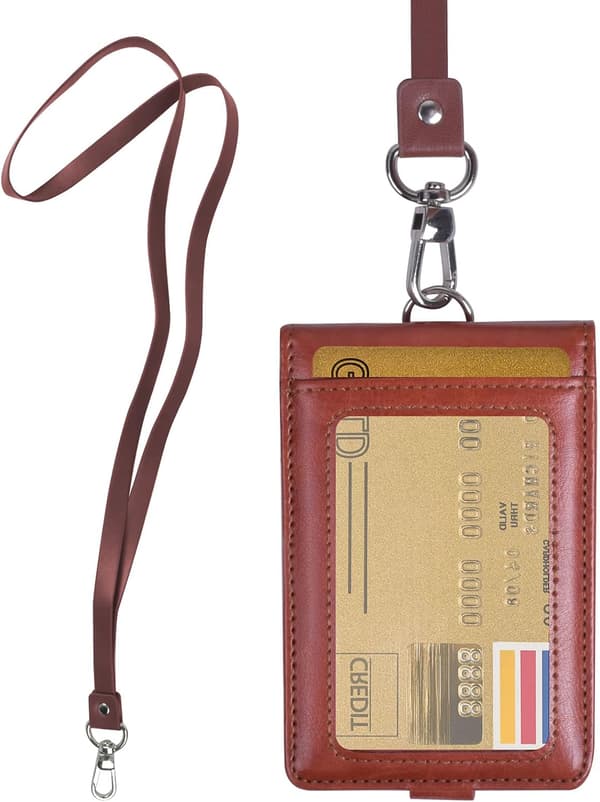 Brun - ID-kortholder med snor, vertikal læder ID-badge B B