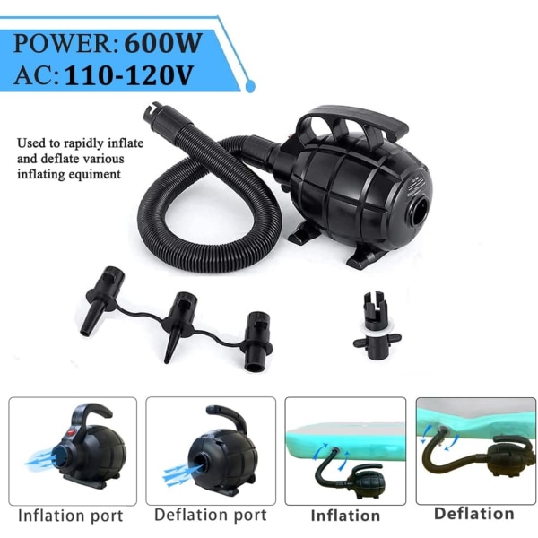Elektrisk Luftpumpe for Oppblåsbare Lufttumblebane Gymnastikkmatte, Flåte Båt Elektrisk Pumpe med 4 Dyser (AC 110-120V (600W))