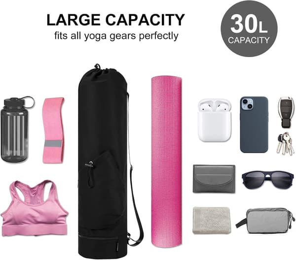 Yoga Mat Bag Large with Adjustable Shoulder Strap Pilates Bag with Bottle Holder and Moisture-Resistant Compartment, Black