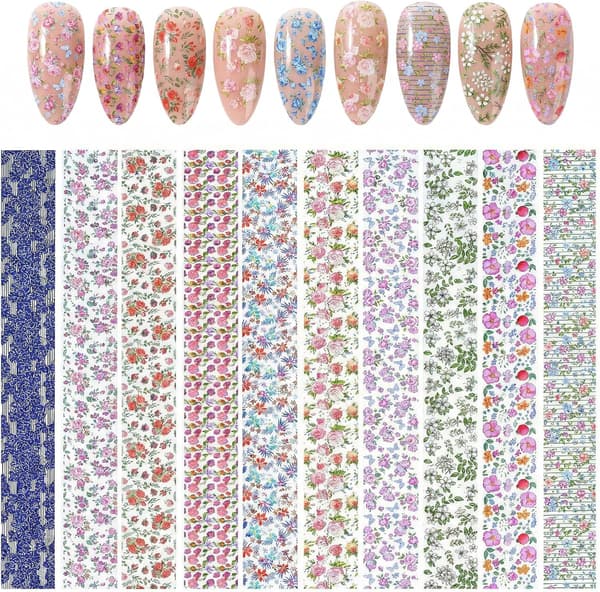10 ruller blomster neglefolieoverførselsark sæt til neglekunstdesign -