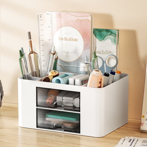 Storage Box for Office Supplies, Large Capacity Desktop Organizer with Pen Holder for Students and Office (White) White White