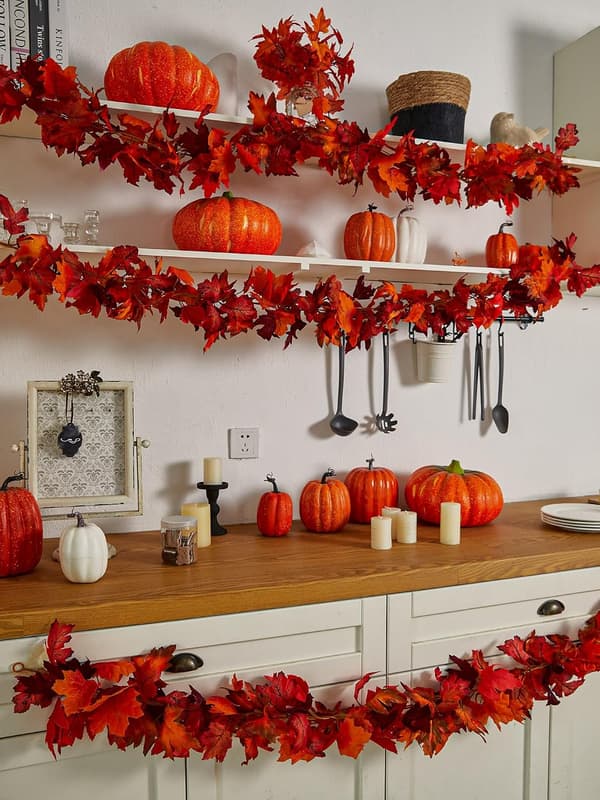 3 Pieces Artificial Maple Leaf Garlands, Autumn Red Decoration for Front Door, Table and Wall, Thanksgiving Wreath Hanging Vines