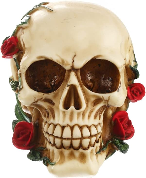 Human Skull with Rose Resin Statue Small Size Head Sculpture