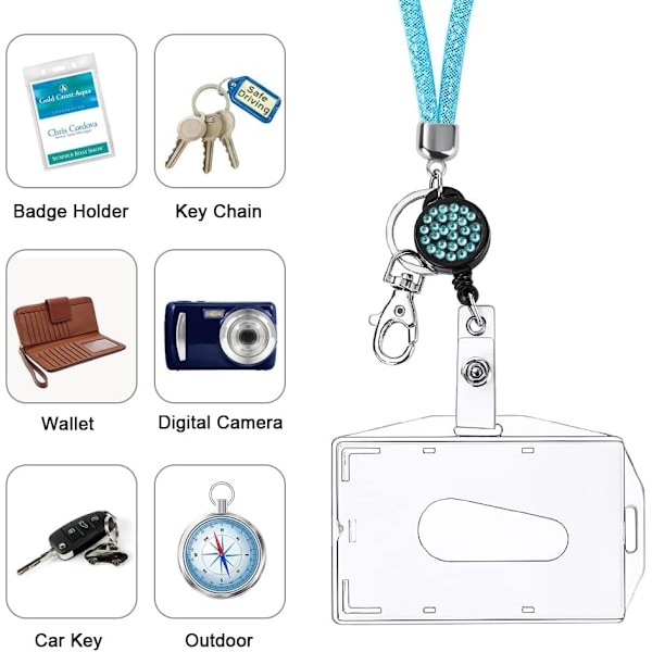 Korthållare med lanyard, kristall-lanyard med transparent ID-korthållare, lanyard och brickhållare set, nyckelrings brickhållare och halsband för nycklar Blue